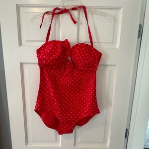 SPANX Red and Pink Polka Dot Sweetheart tie Swimsuit extra tummy control EUC 14